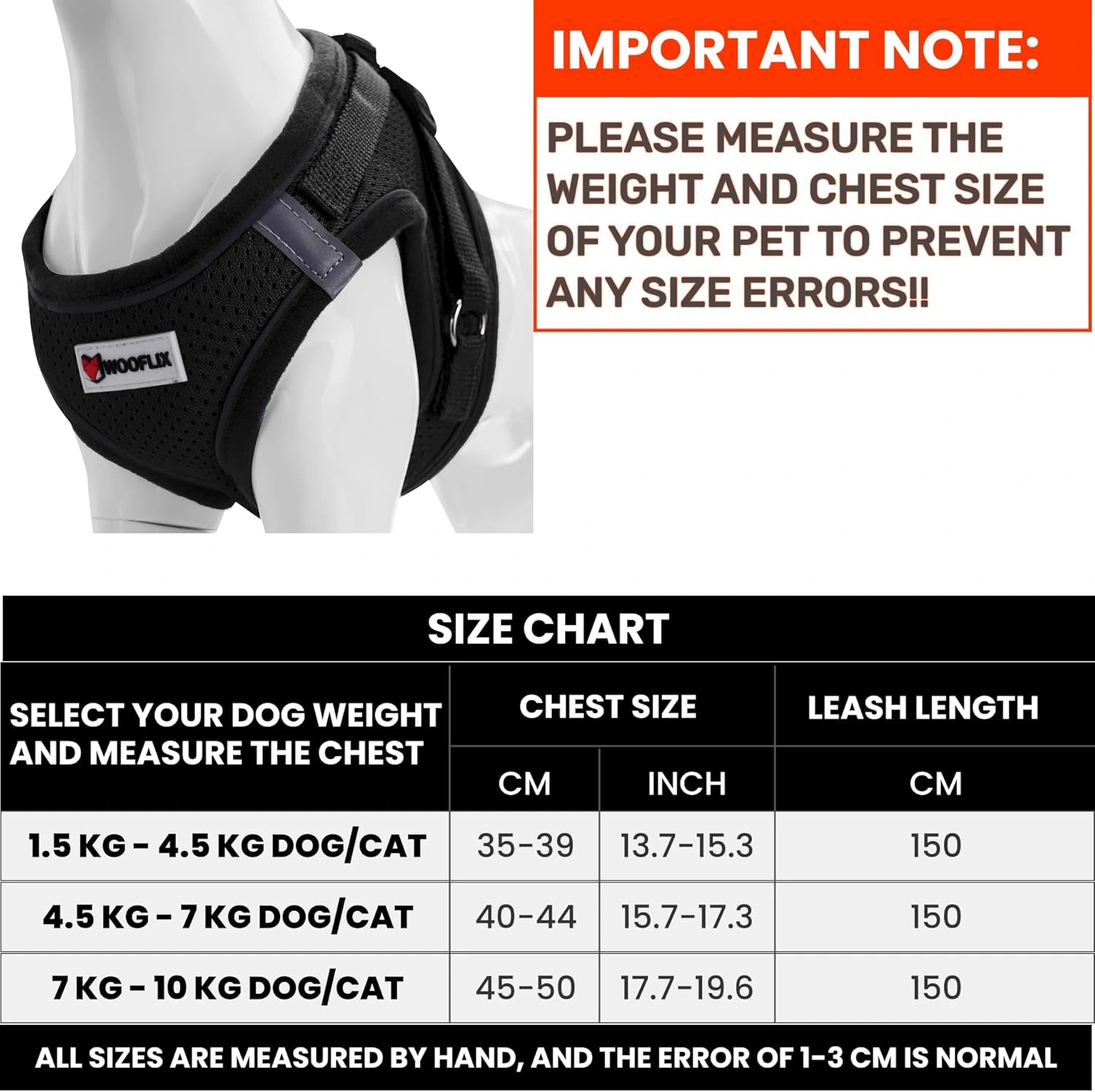Size Chart For - WOOFLIX Dog Harness for Puppies, Small and Medium Size Dogs (Black)